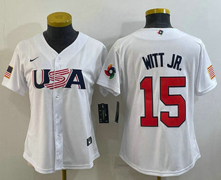 Women%27s USA Baseball #15 Bobby Witt Jr 2023 White World Classic Replica Stitched Jerseys